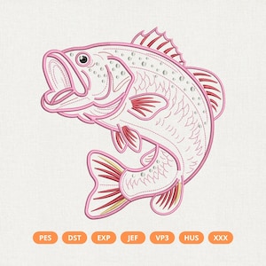 Minimalism Summer Bass Embroidery Design, Preppy Lake Fish Pattern, Trendy Machine Embroidery File, Girly Coastal Watercolor Style File PES