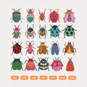 May include: A collection of twenty colorful insect illustrations arranged in a grid, featuring various beetle designs with patterns and textures. Below the insects, seven orange rectangular buttons display the text PES, DST, EXP, JEF, VP3, HUS, and XXX.