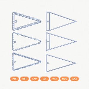 May include: A collection of six blue pennant-shaped embroidery designs. Three have scalloped edges, and three are plain. Each design has a small hole for hanging. The bottom of the image shows embroidery file format abbreviations: PES, DST, EXP, JEF, VP3, HUS, and XXX.