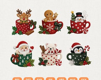 Christmas Mug Trio Embroidery Bundle 6 Designs, Christmas Machine Embroidery Files, Santa Reindeer Penguin Snowman Gingerbread Cup Design