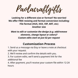 May include: Cream-colored graphic with the text "Paolacraftgifts" in a decorative font. The image details free resizing, format conversion, and customization options, including file formats and custom edits.