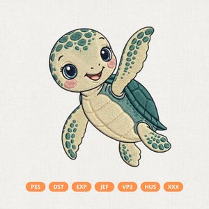 May include: An embroidered design of a smiling cartoon sea turtle with blue eyes, rosy cheeks, and a teal shell. The turtle is light beige with teal spots and accents. The image includes file format tags: PES, DST, EXP, JEF, VP3, HUS, and XXX.