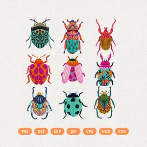 Op de afbeelding: Een collectie van negen geborduurde keverontwerpen in levendige kleuren, waaronder turquoise, roze, oranje en geel. Elk insect heeft ingewikkelde patronen en texturen. Onder de insecten staat de tekst PES, DST, EXP, JEF, VP3, HUS, XXX.