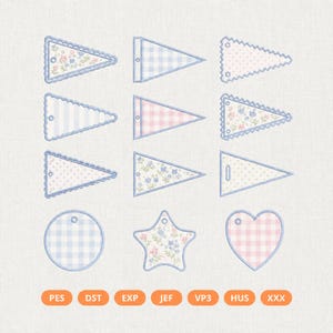 ITH Pennant Bag Charm Machine Embroidery Design, 12 Applique Keychain, Bunting Banner, Backpack Tag, Embroidery File Instant Download