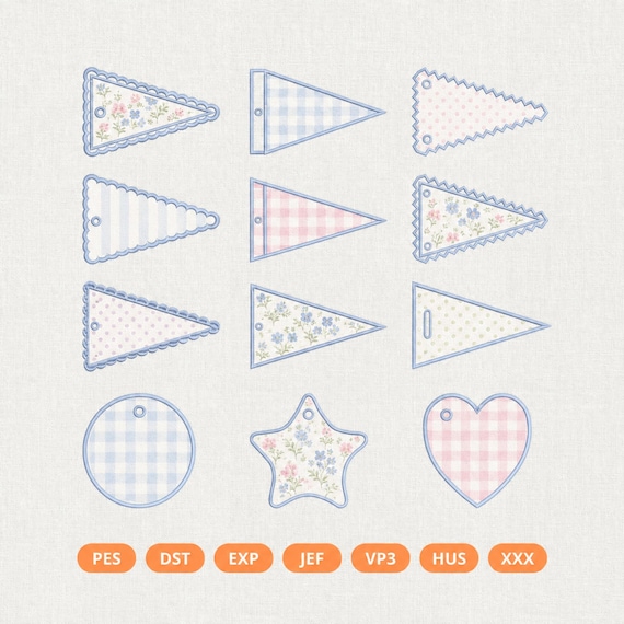 ITH Pennant Bag Charm Machine Embroidery Design, 12 Applique Keychain, Bunting Banner, Backpack Tag, Embroidery File Instant Download