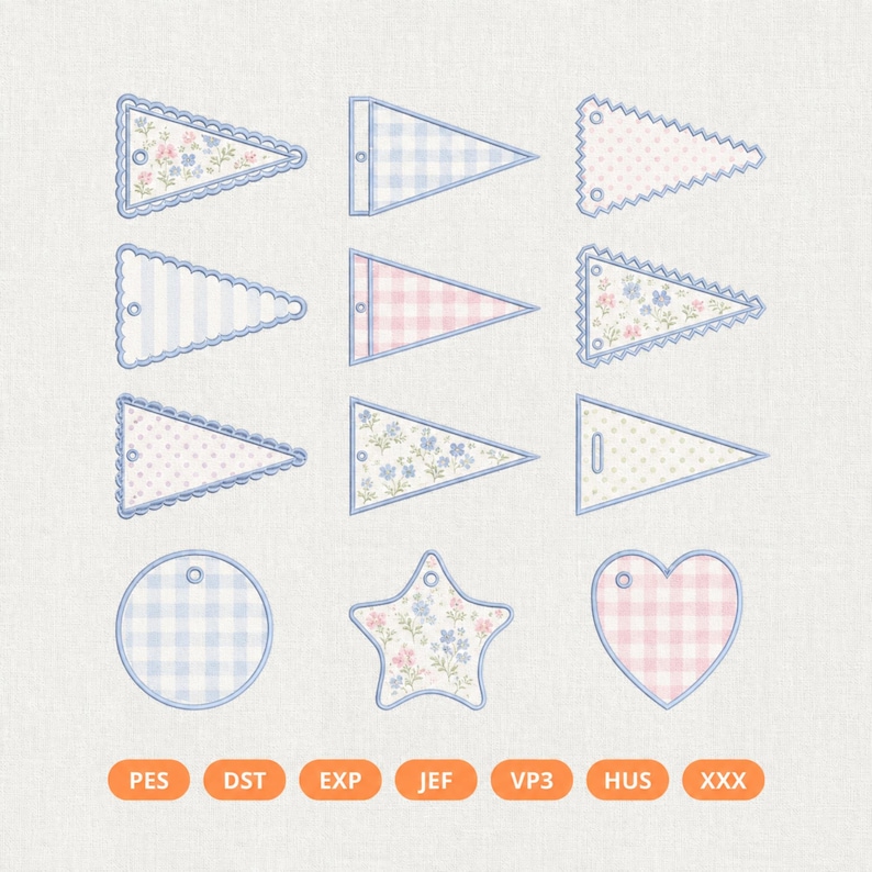 ITH Pennant Bag Charm Machine Embroidery Design, 12 Applique Keychain, Bunting Banner, Backpack Tag, Embroidery File Instant Download