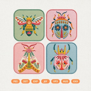 May include: Four square embroidered patches featuring insect designs. Top left: a bee on sage green. Top right: a beetle on pink. Bottom left: a moth on light pink. Bottom right: a beetle on light blue. Text below lists file formats: PES, DST, EXP, JEF, VP3, HUS, XXX.