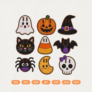 May include: A set of nine embroidered Halloween patches featuring a white ghost, orange jack-o'-lantern, black witch hat, black cat, candy corn, black bat, black spider, yellow crescent moon, and a white skull with a purple bow.