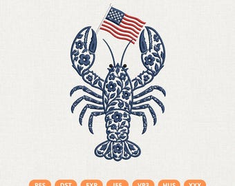 Chinoiserie Lobster Embroidery Design with USA Flag, Patriotic Nautical Sea Life, 4th of July Machine Embroidery File, Coastal Postage