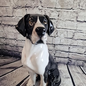 Op de afbeelding: Een glanzend keramieken beeldje van een zittende hond met een zwart-witte vacht. De hond heeft een zwarte kop met een witte bles op de snuit, zwarte oren en een witte borst. Het lichaam heeft zwarte vlekken op een witte ondergrond.