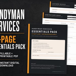 Peut inclure: Un pack essentiel de 15 pages pour services de bricolage comprenant des formulaires professionnels PDF remplissables et imprimables. Les documents incluent une facture, un bon de travail et un contrat avec du texte noir, blanc et orange.
