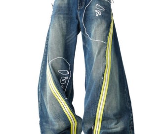 Embroidered Wide-Leg Jeans | Reconstructed Denim Streetwear