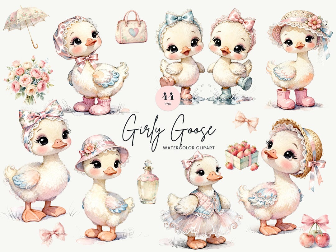 Vintage Watercolor Goose Clipart Bundle, Coquette Baby Duck PNG, Shabby ...