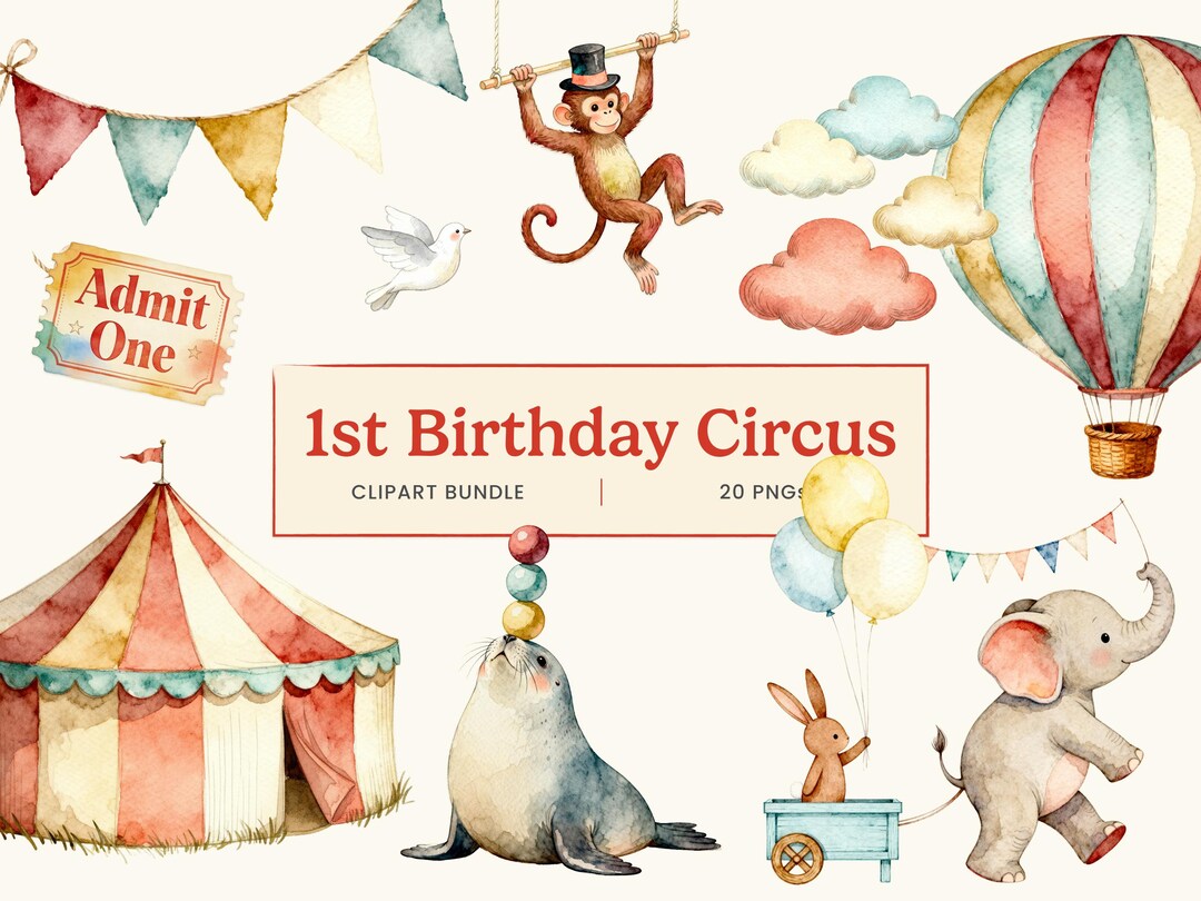 Vintage Circus Birthday Clipart Bundle – Watercolor Animals, Performers ...