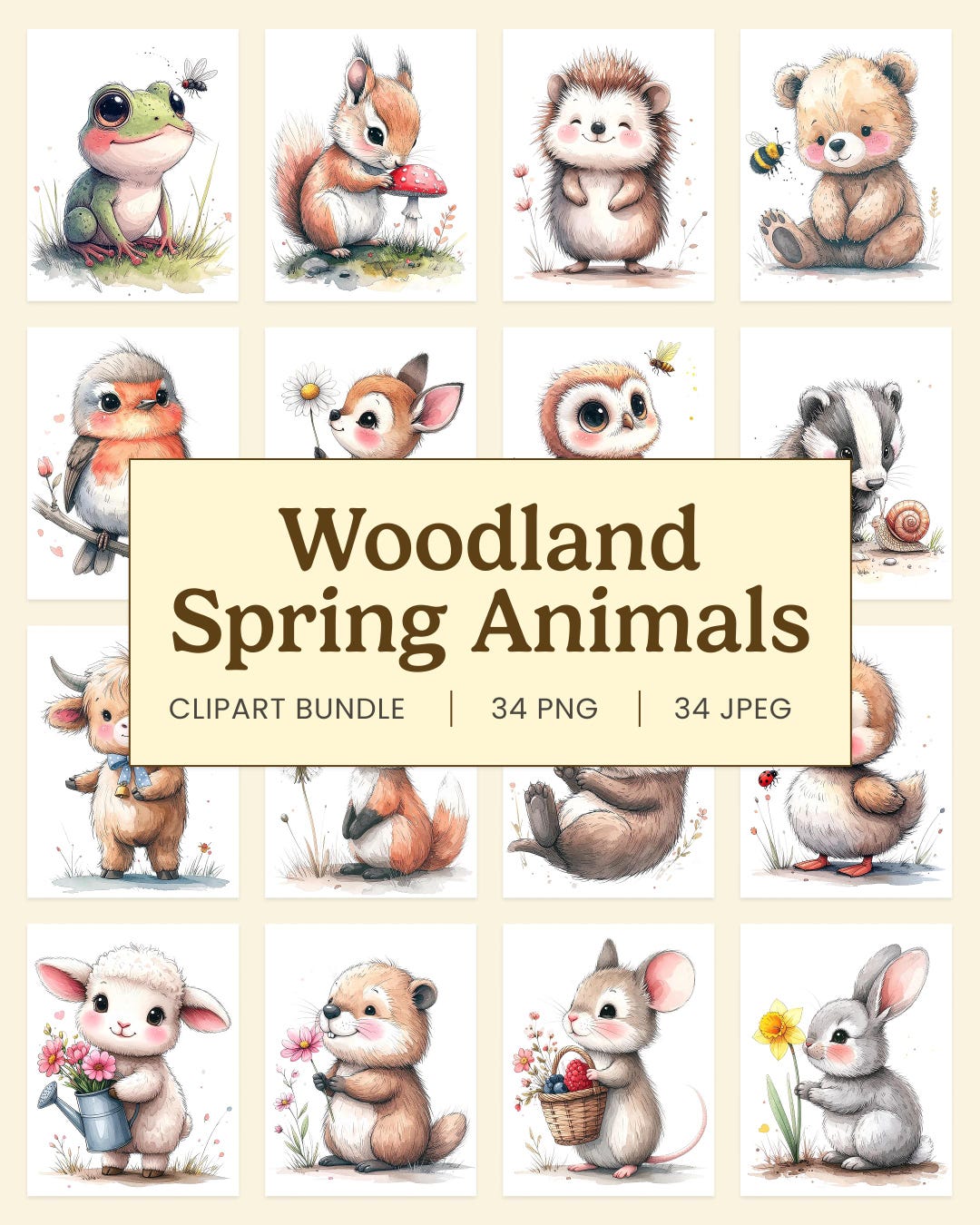 Bitmap Spring Animals Woodland Spring Animals Clipart Bundle – Watercolor Cottagecore Pngs ...