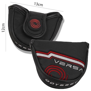 May include: Black golf putter head cover, measuring 5.1 inches wide and 4.7 inches tall. Features the "Odyssey Versa" logo in white and red stitching. Includes a red spiral design and a black leather trim.