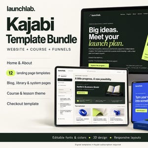 Op de afbeelding: Een digitaal Kajabi-sjabloonpakket met een desktopmonitor, tablet en laptop die website-ontwerpen weergeven. De schermen tonen tekst waaronder Big ideas. Meet your launch plan, A little progress. A new possibility en Turn your next idea into something real.