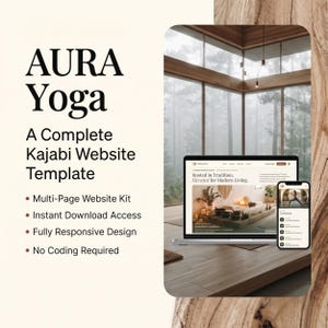 Op de afbeelding: AURA Yoga Kajabi website-sjabloon met een laptop en smartphone die een webontwerp tonen met een serene interieurachtergrond. De tekst bevat AURA Yoga, A Complete Kajabi Website Template, Multi-Page Website Kit, Instant Download Access, Fully Responsive Design en No Coding Required.