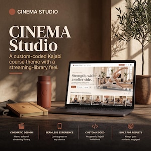May include: A laptop displaying a website titled Cinema Studio with a Pilates course interface. Beside it sits a brown water bottle and a tan notebook with a letter C embossed on the cover. Text on the screen reads Strength, with a softer side.