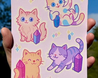 Feuille d'autocollants chat kawaii | Stickers chats en cristal pastel | Autocollants magiques mignons de planificateur | Art en vinyle dessiné à la main