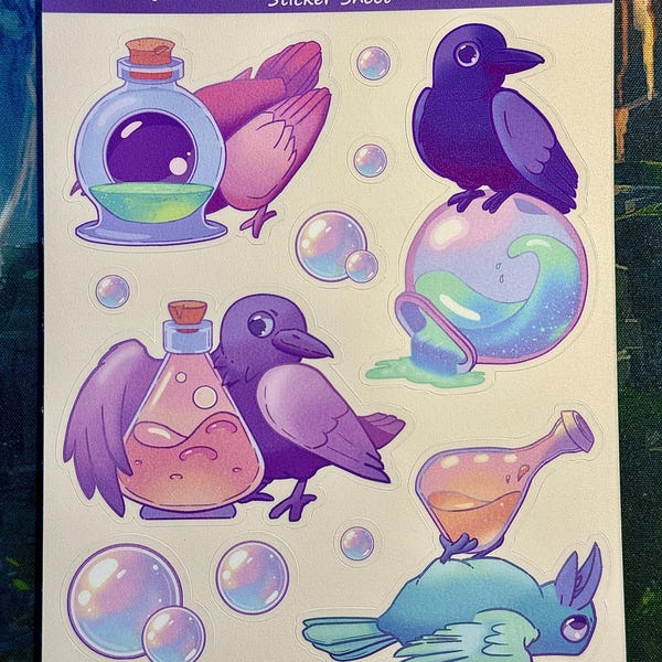 Potion Crows Sticker Sheet | Kawaii Pastel Witchy Animal Planner Stickers