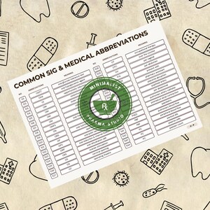 May include: A white sheet with the title "COMMON SIG & MEDICAL ABBREVIATIONS" and a green circular logo. The sheet lists medical abbreviations and their meanings. The background features hand-drawn medical-themed doodles.