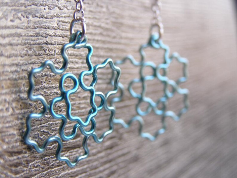 Fractal Earrings Koch Snowflake Jewelry in Ice Blue / Peacock Blue image 1