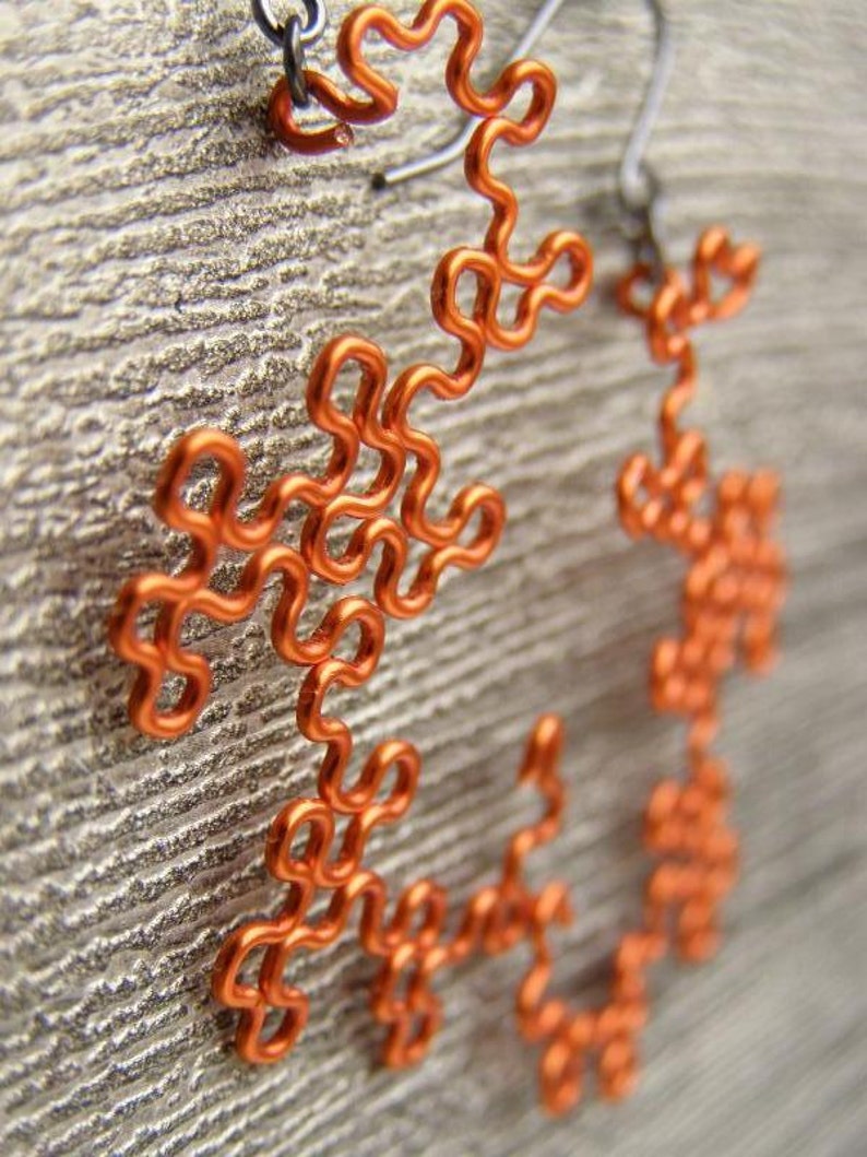 Fractal Earrings Dragon Curves in Orange image 1