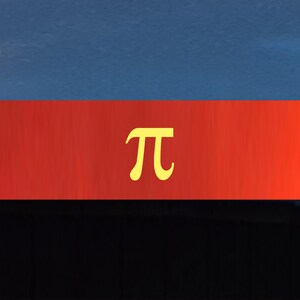 May include: Abstract image with a blue upper section, a red middle section, and a black lower section. A yellow Greek letter pi symbol is centered on the red section. The image has a simple, graphic design.