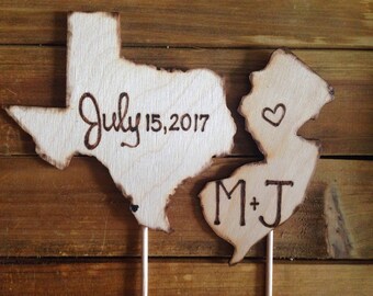YOUR States Wedding Cake Toppers - Personalized with Carved Initials and your Wedding Date Texas Illinois Kansas California NY