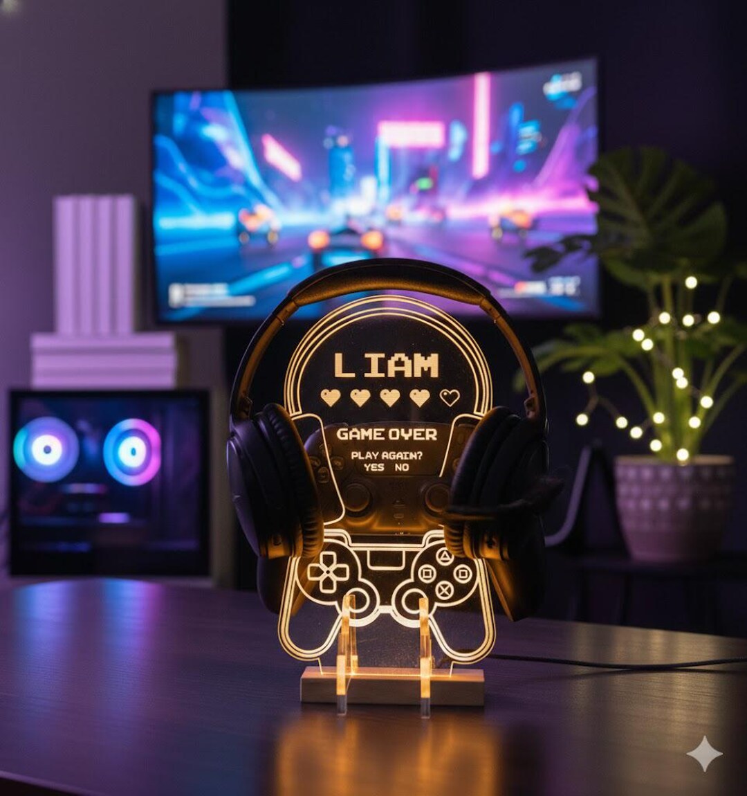 Personalized Gaming Headset Stand With Controller Holder,led Name Sign ...