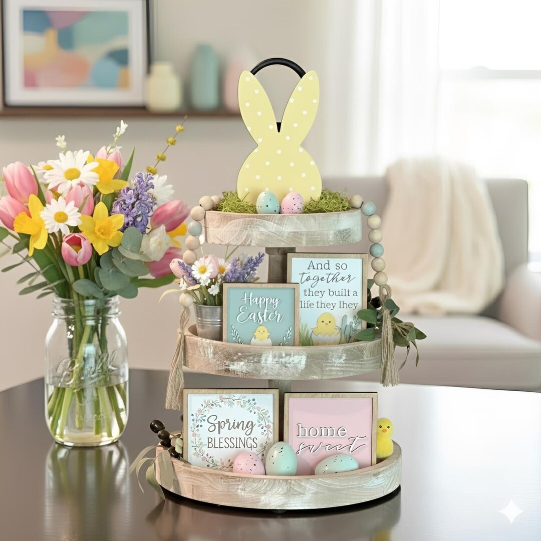 BUNDLE - Rustic Easter Tiered Tray Decor 2026, Spring Wood Signs Set ...
