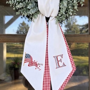Monogram Patriotic Wreath Sash, Custom USA Embroidery Decor, Patriotic Wreath Sash with Striped Border Trim, 4th of July Wreath Sash