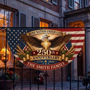 Op de afbeelding: Een patriottische banner met een Amerikaanse vlag, een adelaar, een kruis en tarwe. De banner luidt "ONE NATION UNDER GOD" en herdenkt een 250e verjaardag, met de achternaam onderaan.