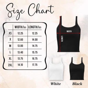Puede incluir: Tabla de tallas para un top de tirantes, con medidas en pulgadas. La tabla incluye tallas XS a 2XL, con medidas de ancho y largo correspondientes. La imagen tambi&eacute;n muestra un top de tirantes negro, uno blanco y un diagrama.