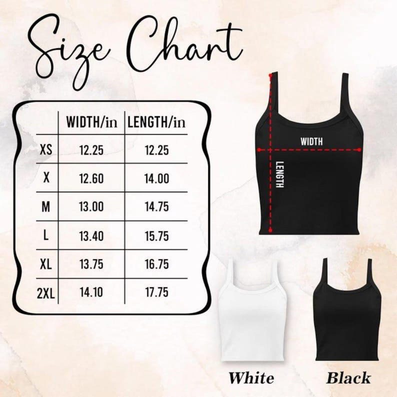 Puede incluir: Tabla de tallas para un top de tirantes, con medidas en pulgadas. La tabla incluye tallas XS a 2XL, con medidas de ancho y largo correspondientes. La imagen tambi&eacute;n muestra un top de tirantes negro, uno blanco y un diagrama.