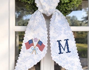 Embroidered Personalized USA Flag Wreath Sash, Custom Monogram Seersucker Door Decor, Summer Toile Front Door Bow, Holiday Decor