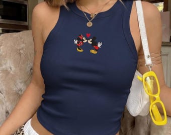 Camiseta corta sin mangas con bordado de Mickey Kiss, camiseta rosa de Minnie Love para bebé, top lindo de Disney para novios y novias, camiseta unisex de San Valentín para parejas, camiseta unisex de aniversario de WDW