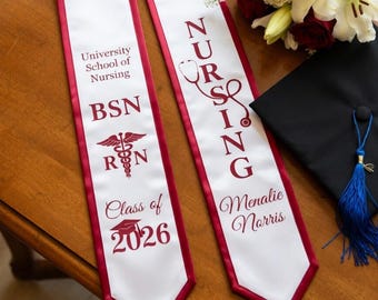 Estola de graduación de enfermería personalizada, estola de graduación de enfermería BSN RN, banda personalizada de la escuela de enfermería Clase de 2026, regalos de graduación de enfermería