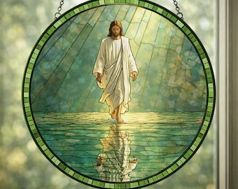 Jesus Walking on Water Stained Glass Suncatcher, Christian Window Hanging, Faith Decor, Religious Gift, Handmade Glass Art