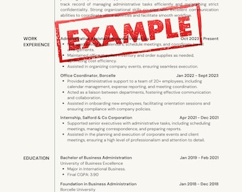 May include: A resume for an administrative manager, featuring a summary of experience, work history, education, and key skills. The document includes contact information and a large "EXAMPLE" stamp.