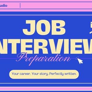 May include: A blue graphic with the text "JOB INTERVIEW Preparation" in large, yellow letters. The text "Your career. Your story. Perfectly written." is below. The top has a pink bar with "The Resume Studio" and a search bar.