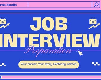 Może przedstawiać: Niebieska grafika z napisem "JOB INTERVIEW Preparation" dużymi, żółtymi literami. Poniżej znajduje się tekst "Your career. Your story. Perfectly written.". U góry znajduje się różowy pasek z napisem "The Resume Studio" i paskiem wyszukiwania.