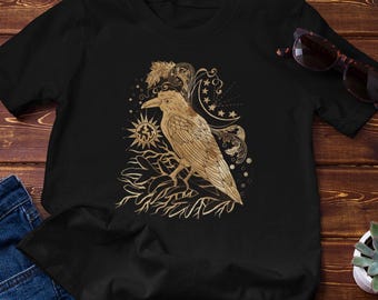 Chemise corbeau doré | impression nature lune et soleil vintage - T-shirt en coton
