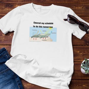 May include: A white short-sleeved t-shirt featuring a graphic of a lizard on a rock with the text "Cleared my schedule to do this tomorrow" above it. The graphic includes scientific labels for heat transfer processes like convection and radiation.