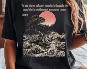 Stoic Shirt, Epictetus Quote T-Shirt, Japanese Wave Philosophy Graphic Tee, Self Discipline Cotton Top