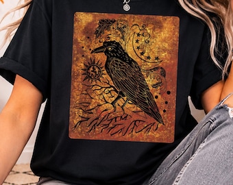Shirt met gotische raaf | Vintage botanische kraaienkunst