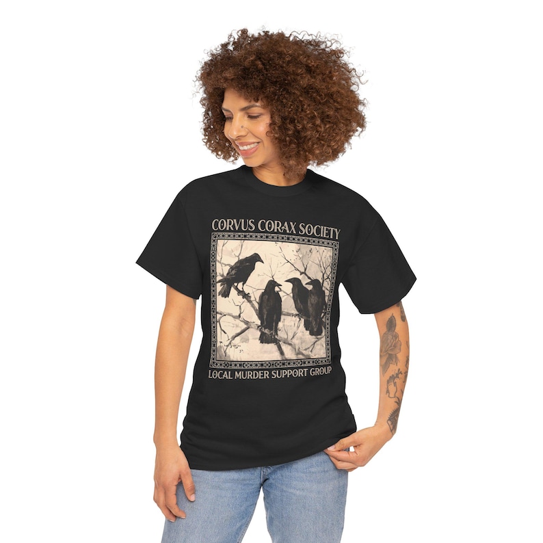 Shirt raaf - Corvus Corax Society - Steungroep lokale moord | Katoenen T-shirt met raaf en kraaidesign afbeelding 7