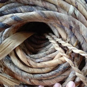 May include: A tightly coiled rope made from natural fibres, showing alternating bands of light and dark brown. The rope is tightly wound, with a braided section visible at the end. The texture appears rough and organic, suggesting a rustic or nautical theme.
