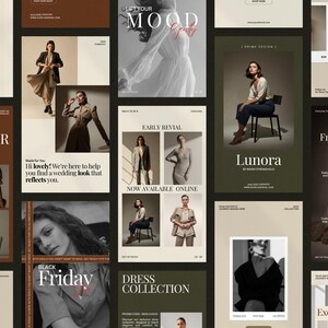 Minimal fashion story and post templates displayed as editable Instagram layouts in warm earth tones, featuring modern typography and image placeholders for collections and promotions, designed for fashion brands, boutiques, influencers, and content creators to build consistent, professional social media content using Canva with drag and drop customization and no design skills required